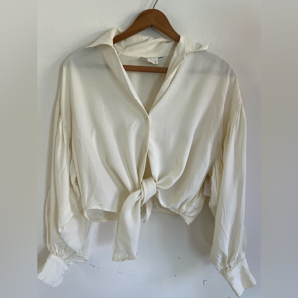 Vintage Unlabeled Cream Tie-Front Blouse